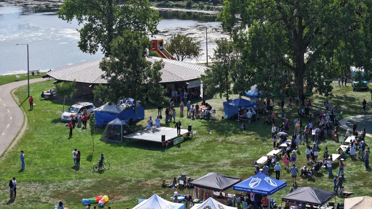 Aerial view of the Gathering filling Brittingham Park beside Monona Bay